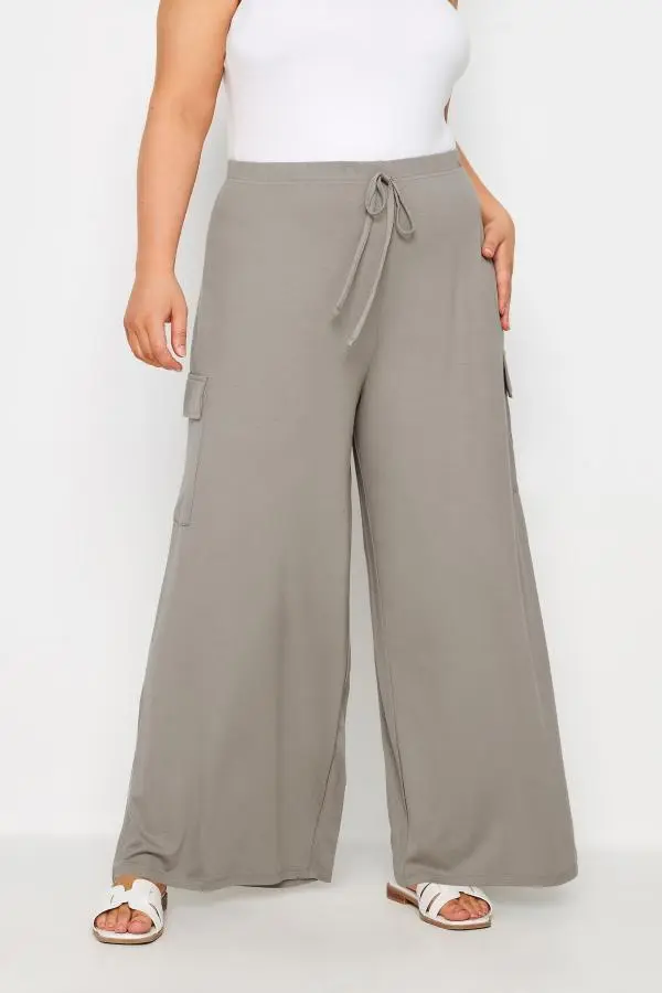 Yours Curve Stone Brown Jersey Wide Leg Cargo Trousers, Women's Curve & Plus Size, Yours