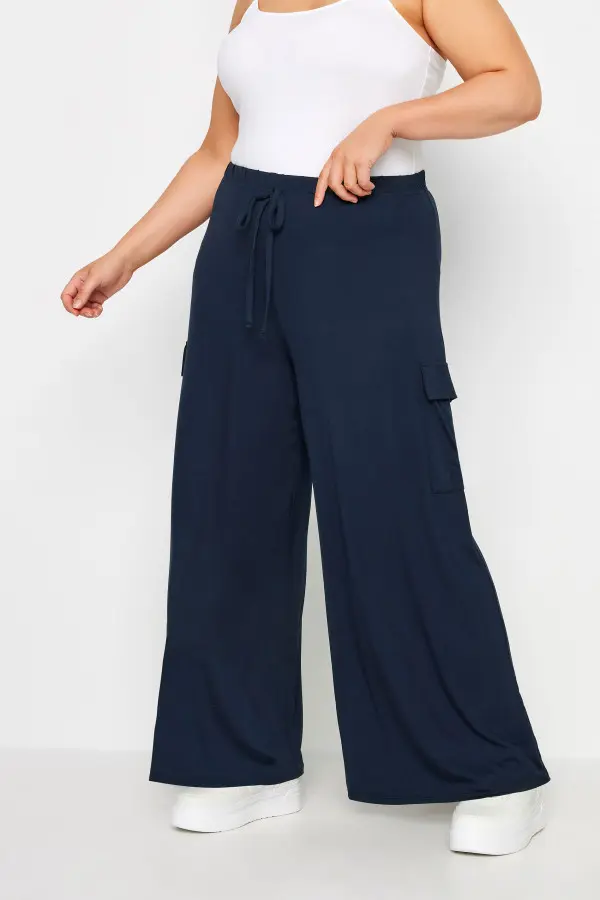Yours Curve Navy Blue Jersey Wide Leg Cargo Trousers, Women's Curve & Plus Size, Yours