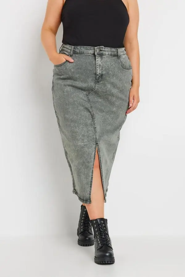 Yours Curve Grey Acid Wash Stretch Denim Midaxi Skirt, Women's Curve & Plus Size, Yours