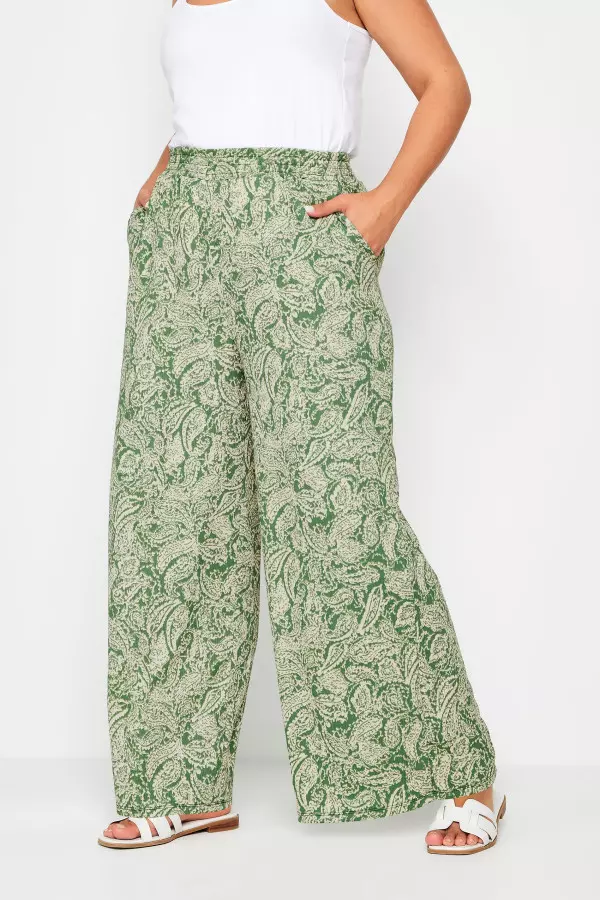 Yours Curve Green Paisley Print Textured Trousers, Women's Curve & Plus Size, Yours