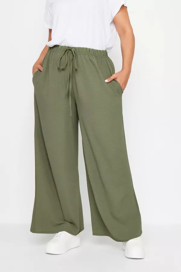 Yours Curve Khaki Green Twill Wide Leg Trousers, Women's Curve & Plus Size, Yours