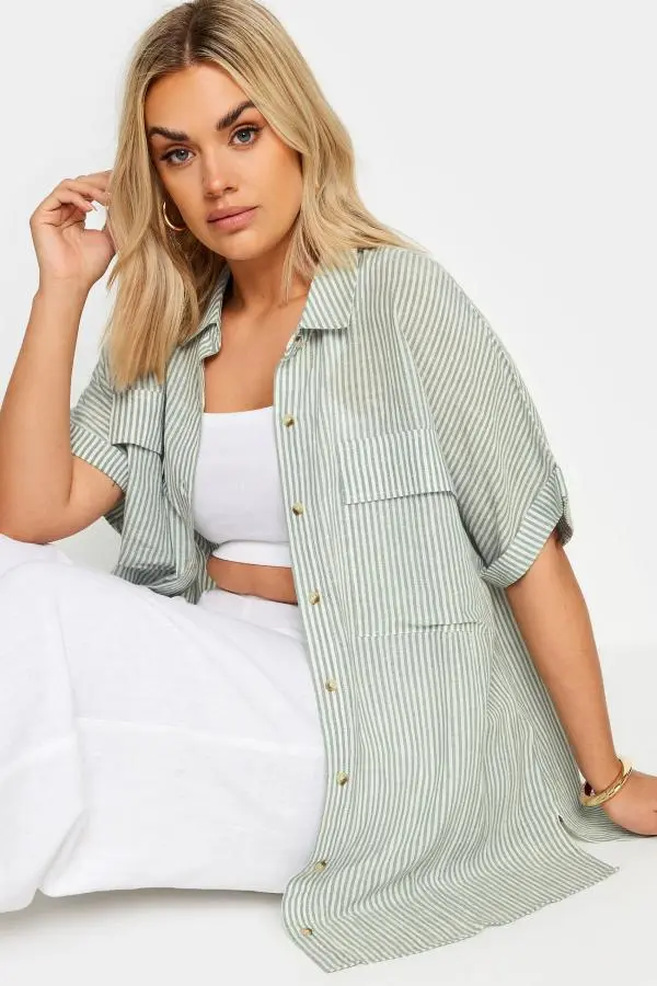 Yours Curve Sage Green Stripe Linen Shirt, Women's Curve & Plus Size, Yours