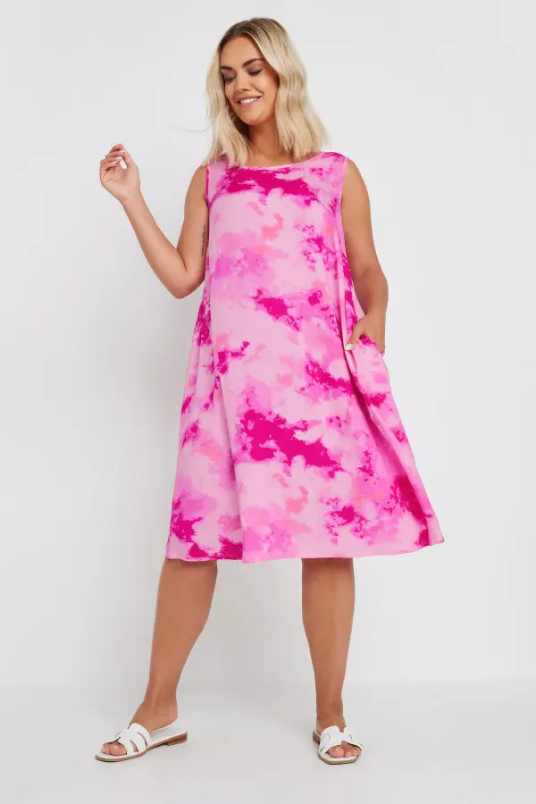 Yours Curve Pink Abstract Print Pocket Swing Dress, Women's Curve & Plus Size, Yours