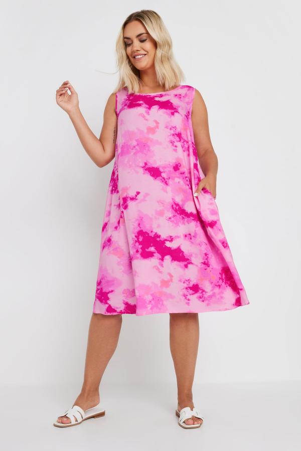 Yours Curve Pink Abstract Print Pocket Swing Dress, Women's Curve & Plus Size, Yours