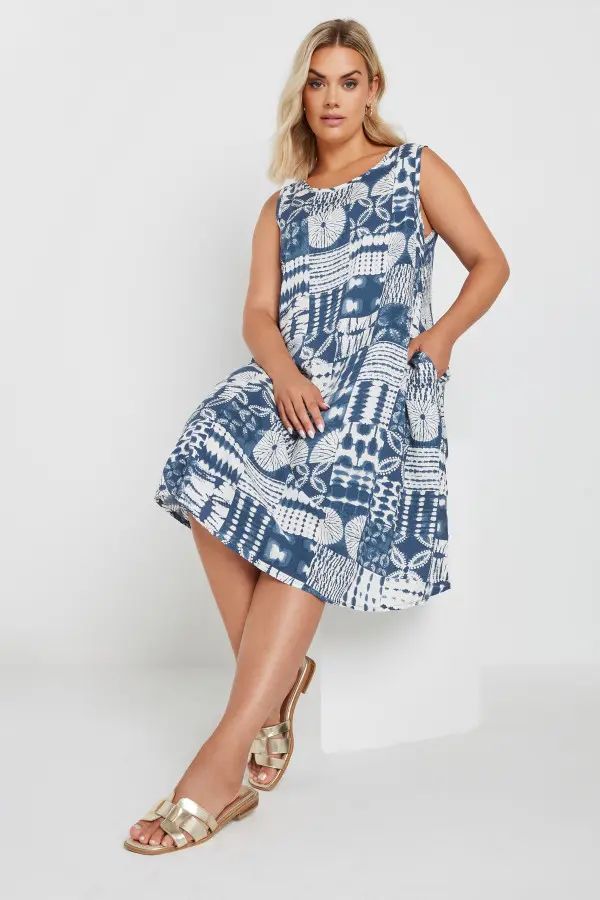 Yours Curve Blue Tile Print Pocket Swing Dress, Women's Curve & Plus Size, Yours