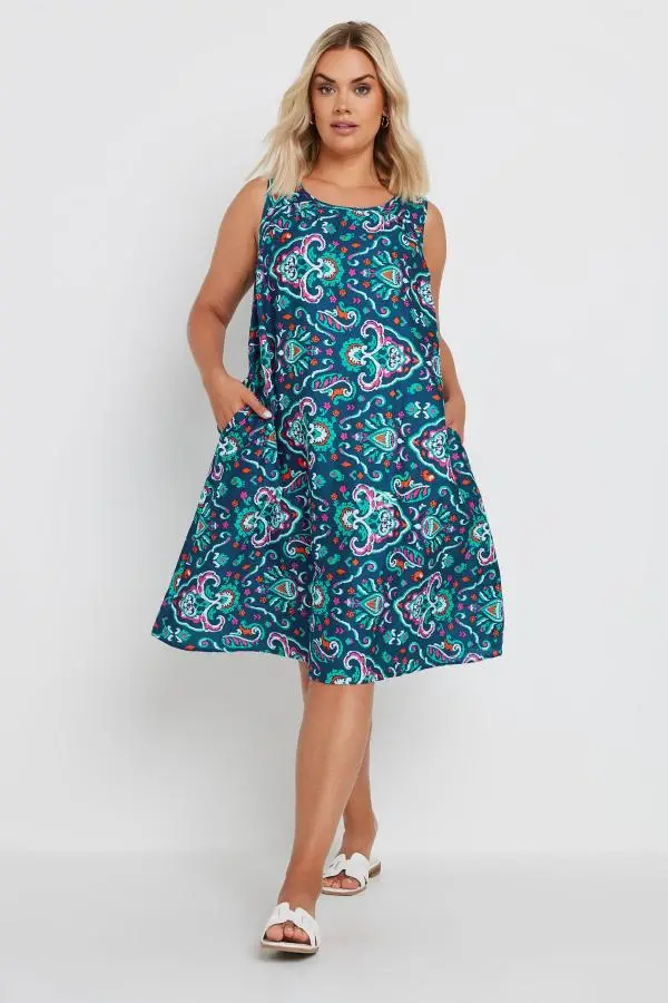 Yours Curve Blue Paisley Print Pocket Swing Dress, Women's Curve & Plus Size, Yours