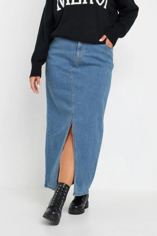 Yours Curve Blue Denim Stretch Maxi Skirt, Women's Curve & Plus Size, Yours