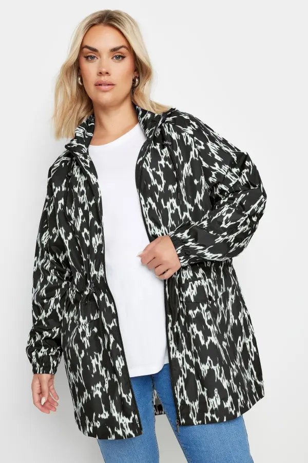 Yours Curve Black Abstract Print Lightweight Parka Jacket, Women's Curve & Plus Size, Yours