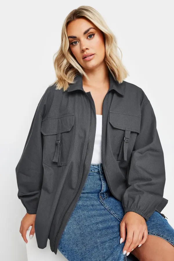 Yours Curve Charcoal Grey Utility Bomber Jacket, Women's Curve & Plus Size, Yours