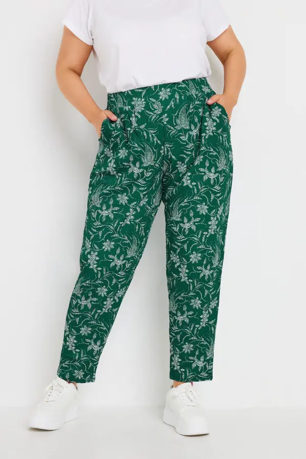 Yours Curve Green Leaf Print Double Pleat Trousers, Women's Curve & Plus Size, Yours