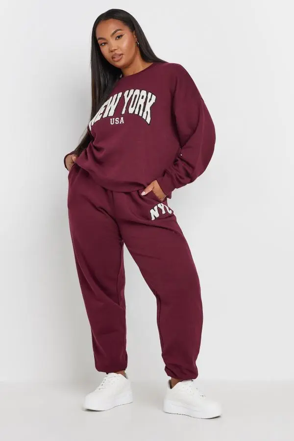 Yours Curve Burgundy Red 'Nyc' Slogan Joggers, Women's Curve & Plus Size, Yours