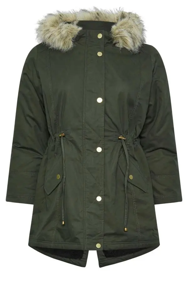 Yours Petite Curve Khaki Green Faux Fur Parka Jacket, Women's Curve & Plus Size, Yours