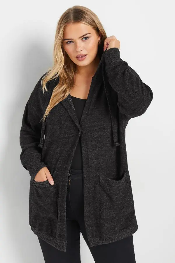 Yours Curve Grey Soft Touch Hooded Cardigan, Women's Curve & Plus Size, Yours