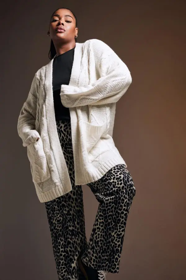 Yours Curve Ivory White Cable Knit Cardigan, Women's Curve & Plus Size, Yours