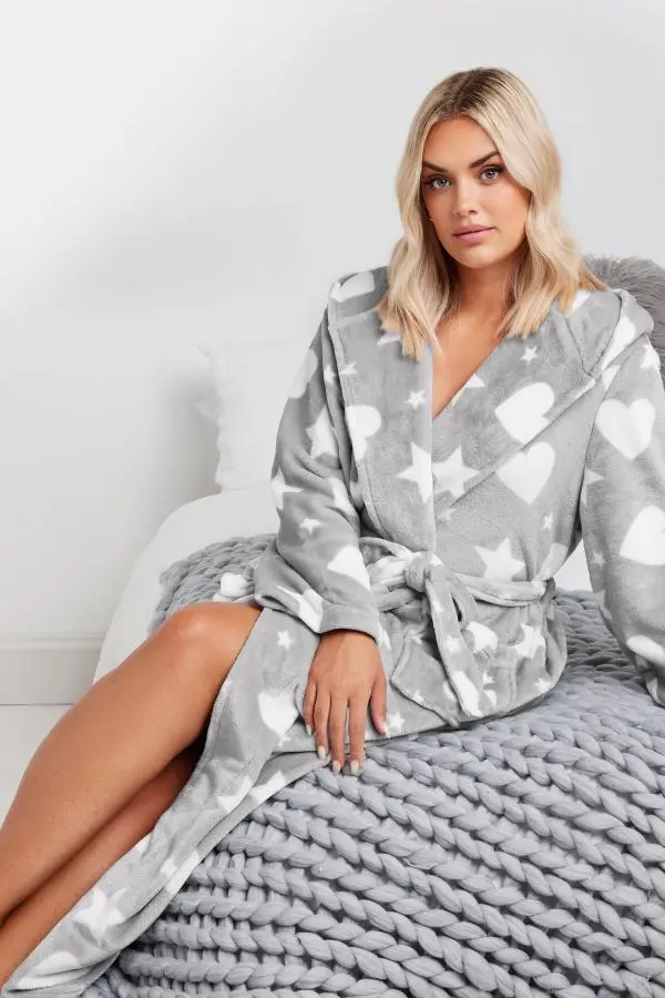 Yours Curve Grey Star & Heart Print Hooded Maxi Dressing Gown