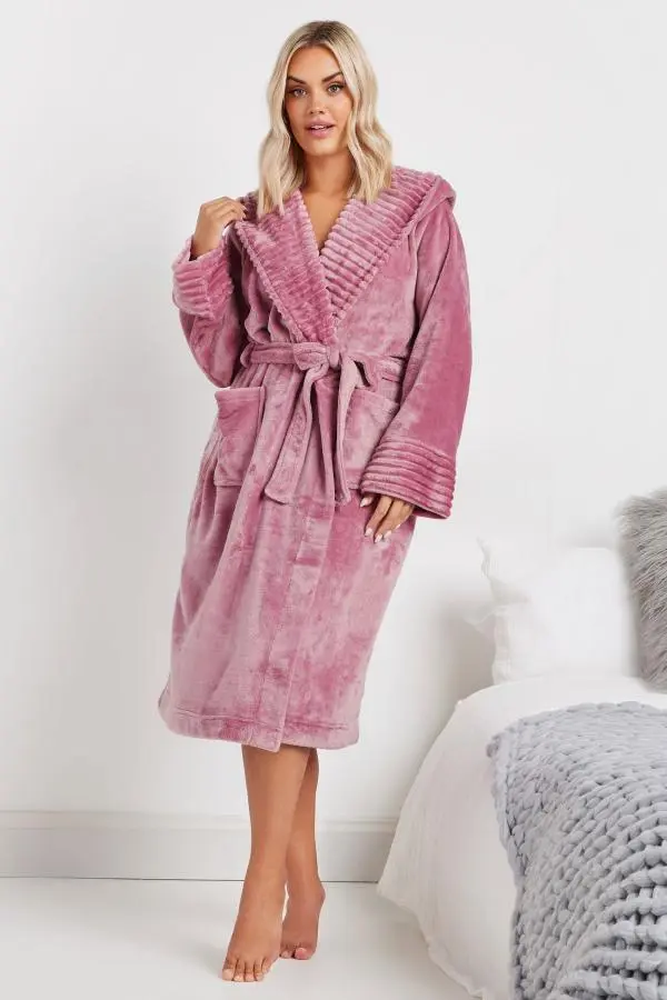 Yours Curve Pink Ribbed Trim Hooded Dressing Gown