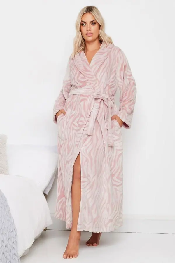 Yours Curve Pink Zebra Shawl Collar Maxi Dressing Gown