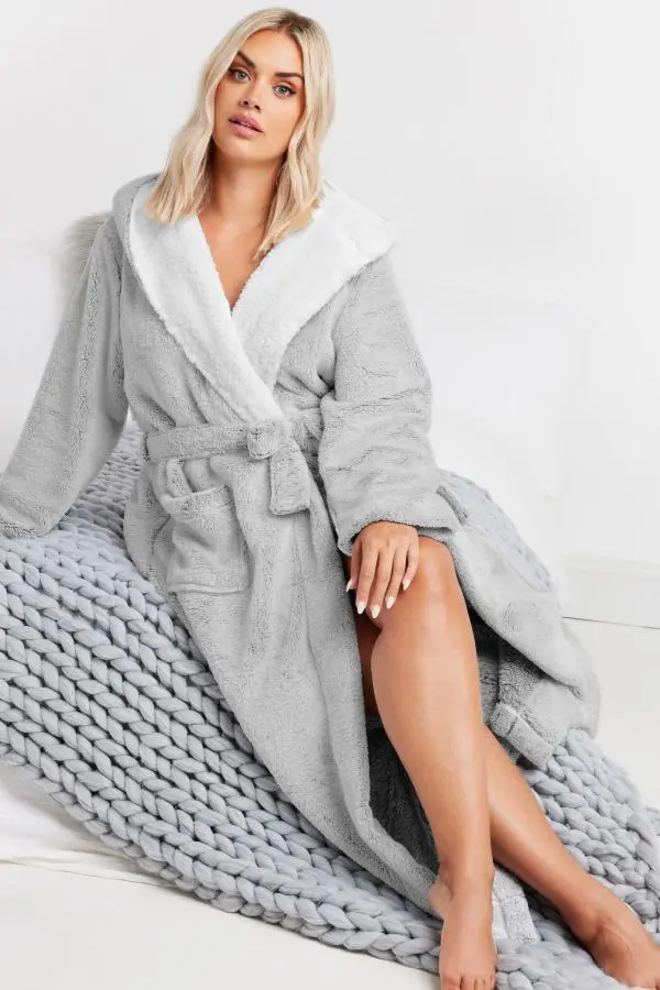 Yours Curve Grey Contrast Hooded Maxi Dressing Gown