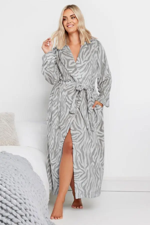 Yours Curve Grey Zebra Shawl Collar Maxi Dressing Gown