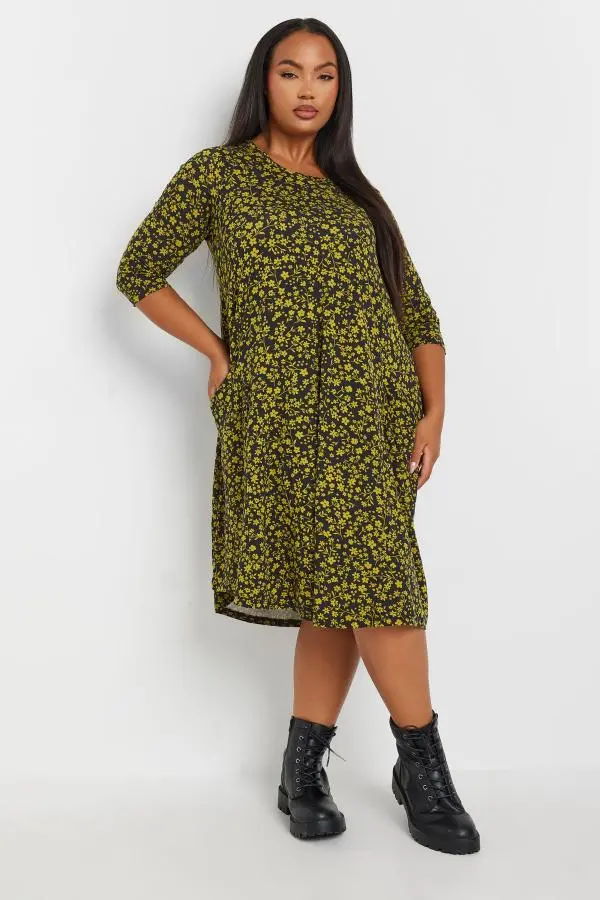 Yours Curve Black & Yellow Floral Print Pocket Dress, Women's Curve & Plus Size, Yours