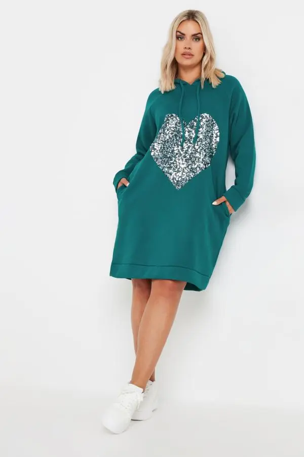 Yours Curve Teal Blue Sequin Embellished Heart Hoodie Dress, Women's Curve & Plus Size, Yours