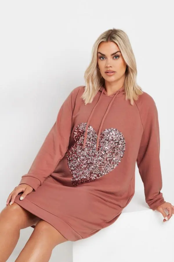 Yours Curve Pink Sequin Embellished Heart Hoodie Dress, Women's Curve & Plus Size, Yours