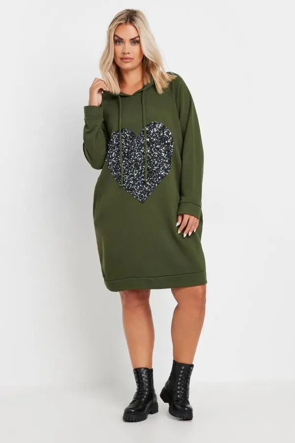 Yours Curve Khaki Green Sequin Embellished Heart Hoodie Dress, Women's Curve & Plus Size, Yours