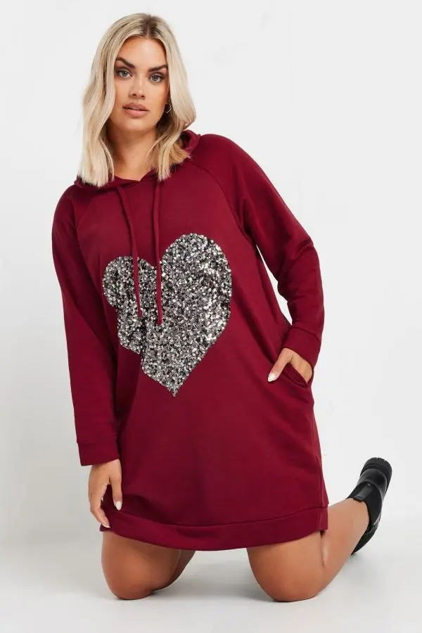 Yours Curve Red Sequin Embellished Heart Hoodie Dress, Women's Curve & Plus Size, Yours