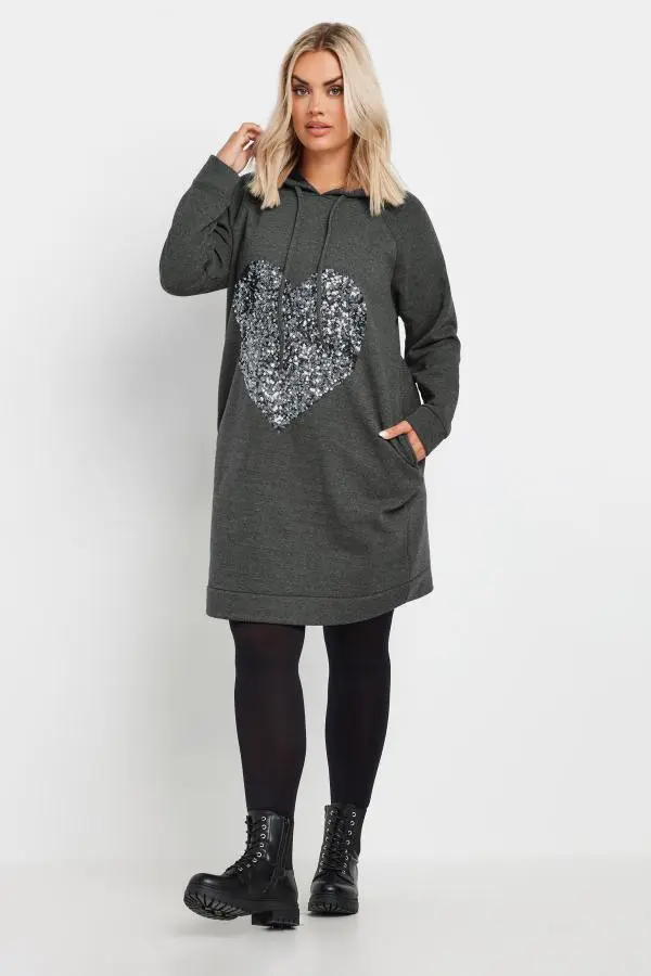 Yours Curve Charcoal Grey Sequin Embellished Heart Hoodie Dress, Women's Curve & Plus Size, Yours