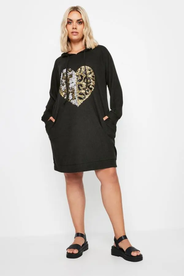 Yours Curve Black Sequin Embellished Heart Hoodie Dress, Women's Curve & Plus Size, Yours