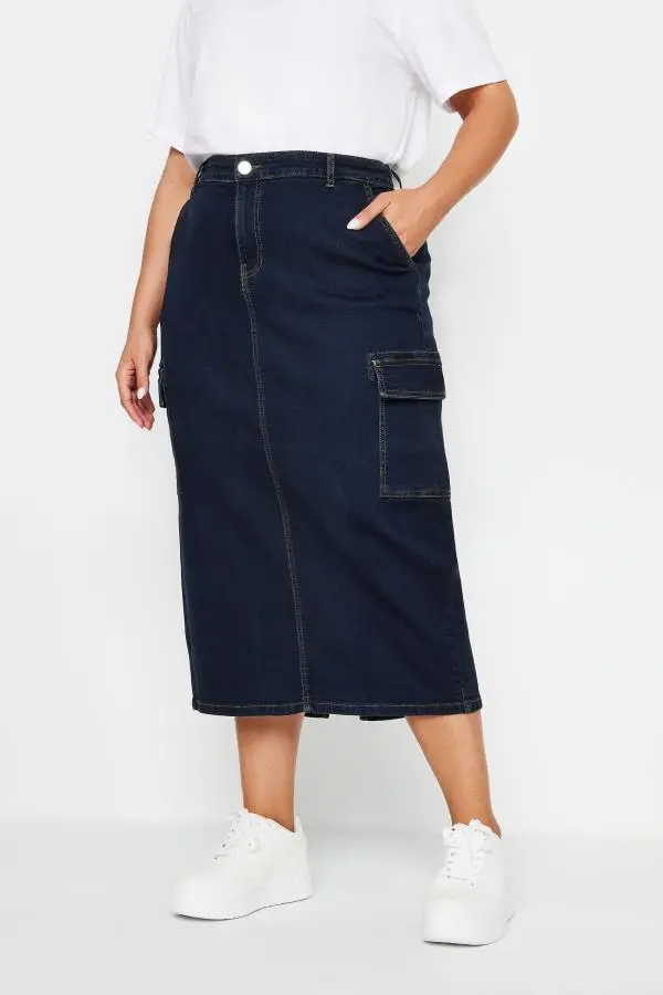 Yours Curve Indigo Blue Cargo Denim Midaxi Skirt, Women's Curve & Plus Size, Yours