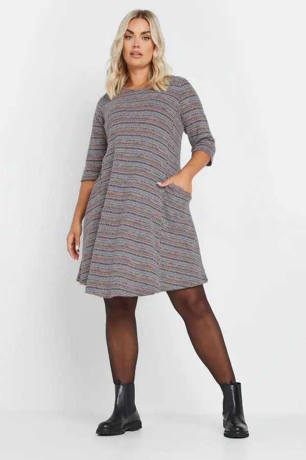 Yours Curve Grey Striped Soft Touch Pocket Dress, Women's Curve & Plus Size, Yours