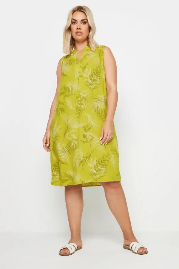 Yours Curve Green Leaf Print Pocket Dress, Women's Curve & Plus Size, Yours