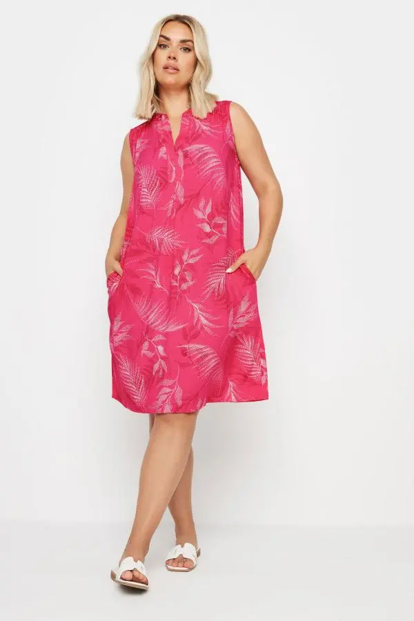 Yours Curve Pink Leaf Print Pocket Dress, Women's Curve & Plus Size, Yours