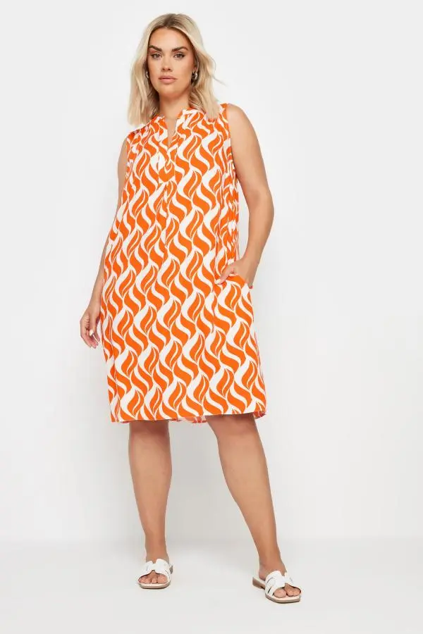 Yours Curve Orange Geometric Print Pocket Dress, Women's Curve & Plus Size, Yours