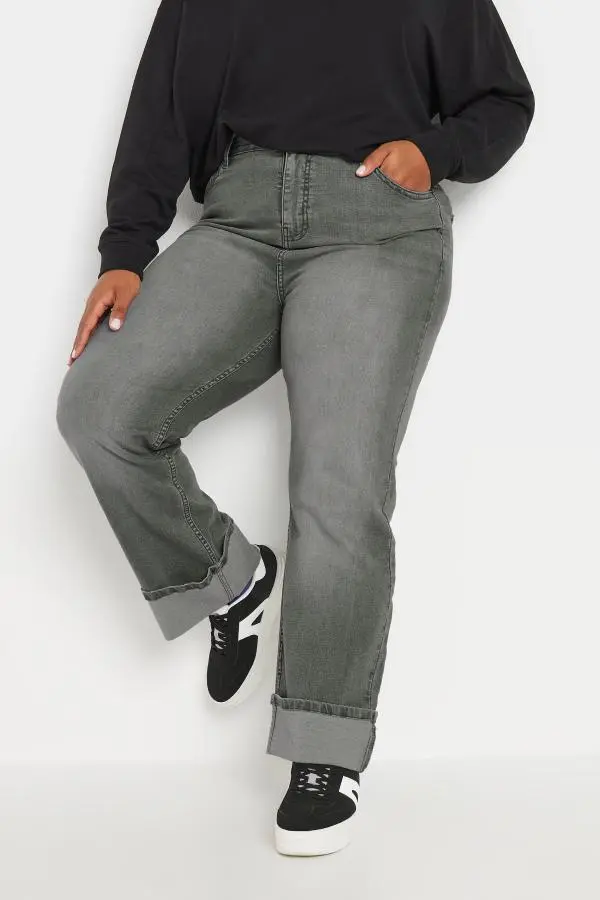 Yours Curve Grey Wide Leg Turn Up Jeans, Women's Curve & Plus Size, Yours