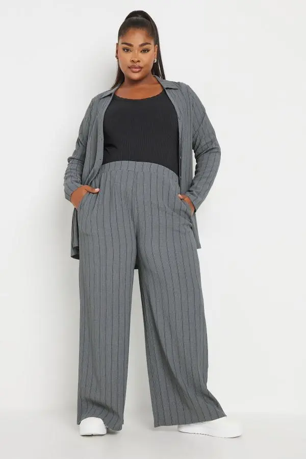 Yours Curve Grey Textured Pinstripe Wide Leg Trousers, Women's Curve & Plus Size, Yours