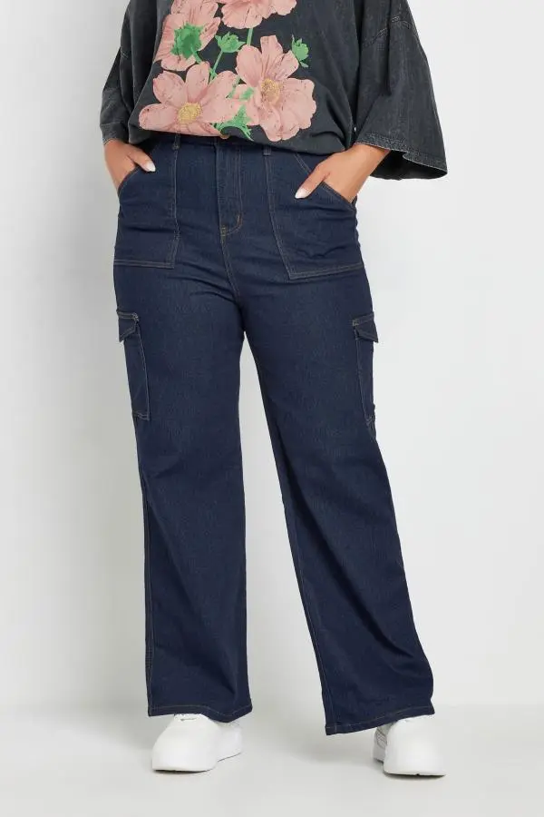 Yours Curve Blue Cargo Pocket Straight Leg Jeans, Women's Curve & Plus Size, Yours