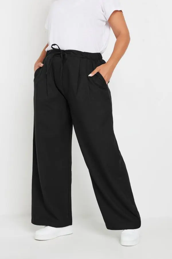 Yours Curve Black Drawstring Wide Leg Trousers, Women's Curve & Plus Size, Yours