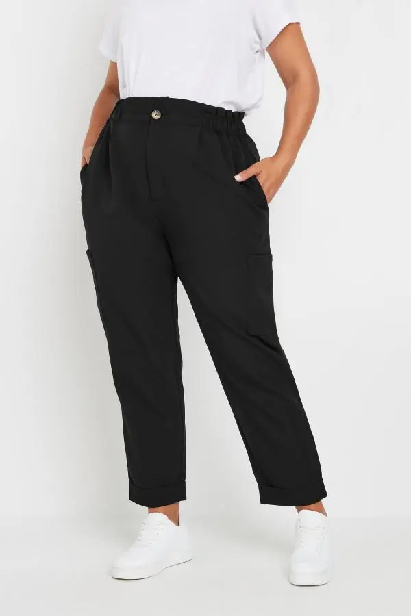 Yours Curve Black Paperbag Waist Cargo Trousers, Women's Curve & Plus Size, Yours