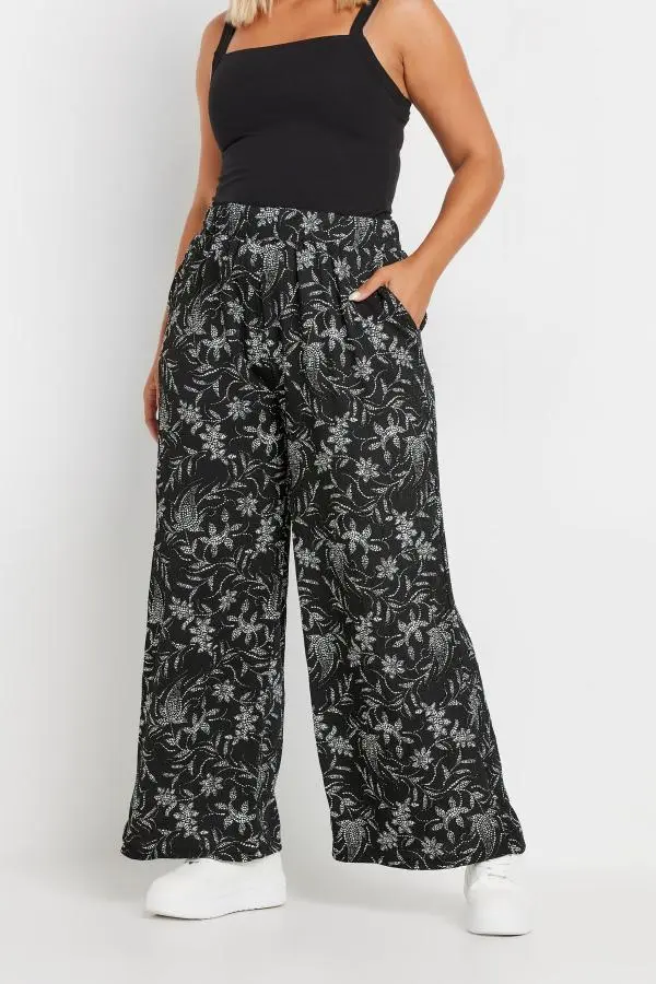 Yours Curve Black Floral Print Elasticated Wide Leg Trousers, Women's Curve & Plus Size, Yours