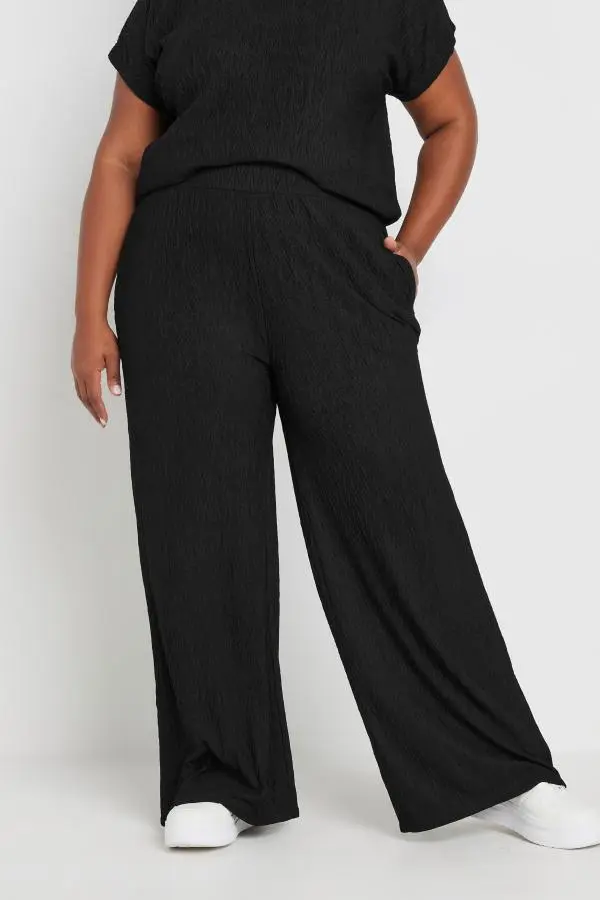 Yours Curve Black Crinkle Plisse Wide Leg Trousers, Women's Curve & Plus Size, Yours