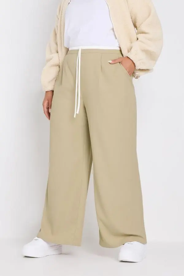 Yours Curve Natural Brown Contrast Waist Wide Leg Trousers, Women's Curve & Plus Size, Yours