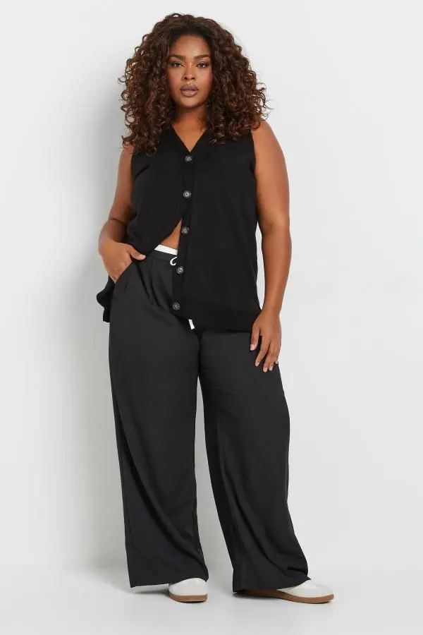 Yours Curve Black Contrast Waist Wide Leg Trousers, Women's Curve & Plus Size, Yours