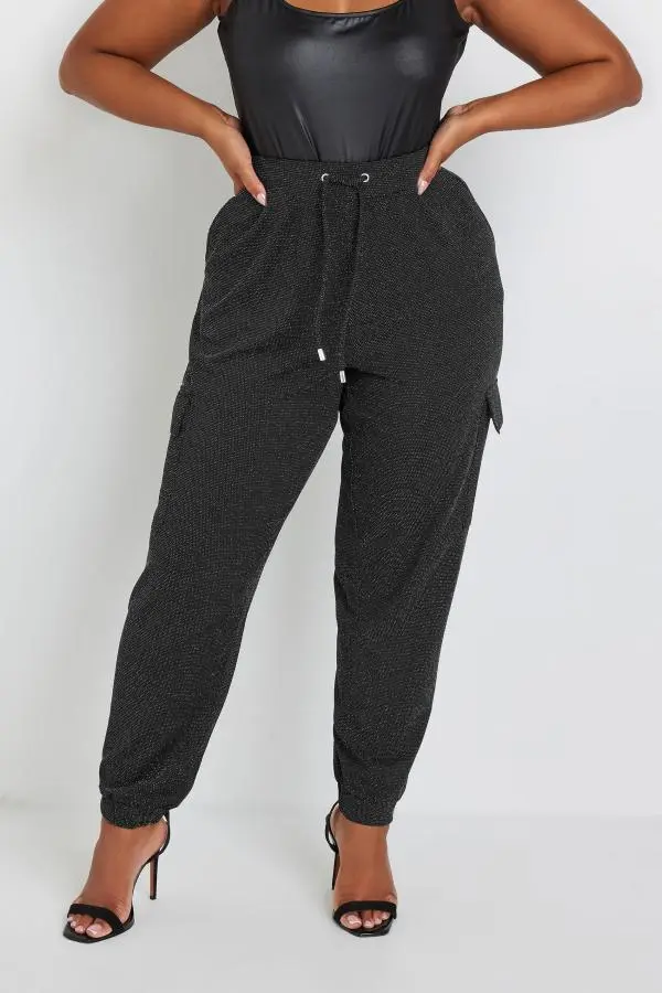 Yours Curve Black Glitter Cargo Trousers, Women's Curve & Plus Size, Yours