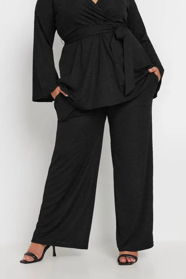 Yours Curve Black Textured Stretch Wide Leg Trousers, Women's Curve & Plus Size, Yours