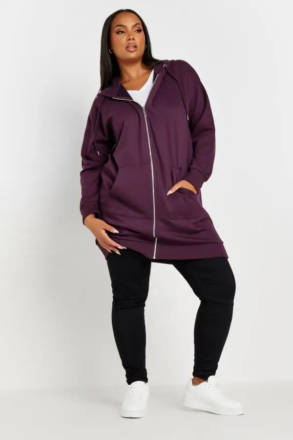 Yours Curve Purple Zip Through Longline Hoodie, Women's Curve & Plus Size, Yours