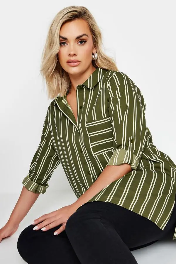 Yours Curve Khaki Green Stripe Print Boyfriend Shirt, Women's Curve & Plus Size, Yours