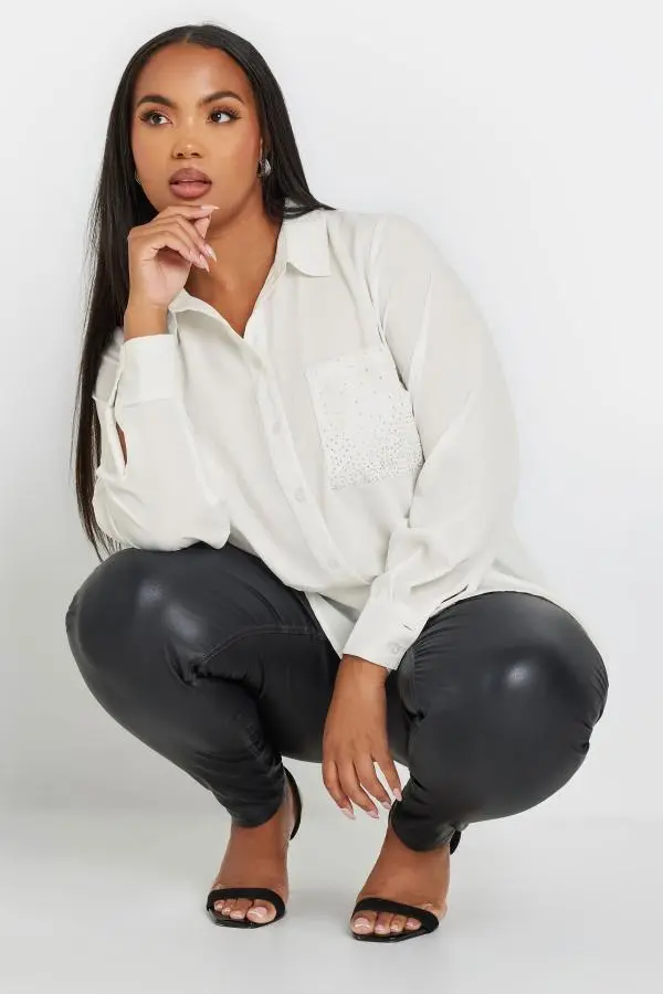 Yours Curve White Diamante Pocket Shirt, Women's Curve & Plus Size, Yours