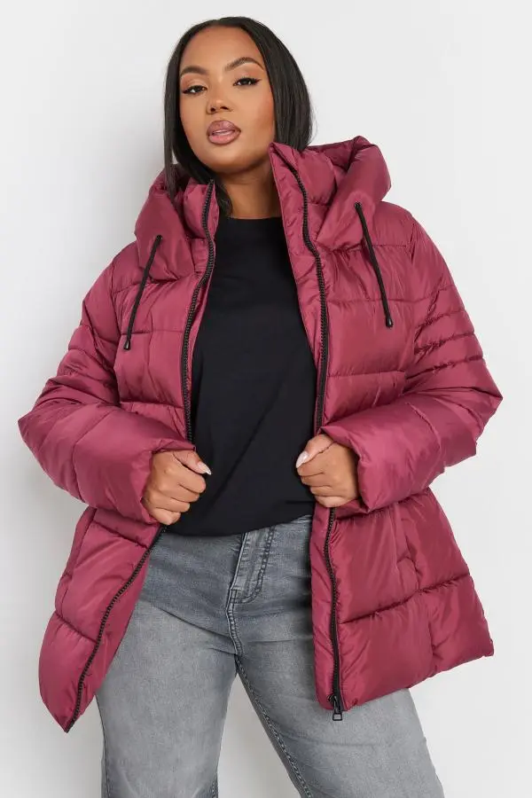 Yours Curve Berry Red Sporty Puffer Coat, Women's Curve & Plus Size, Yours